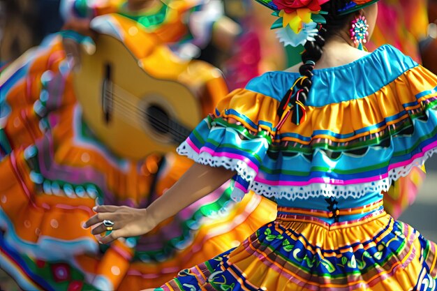 Una donna con un vestito colorato e una chitarra