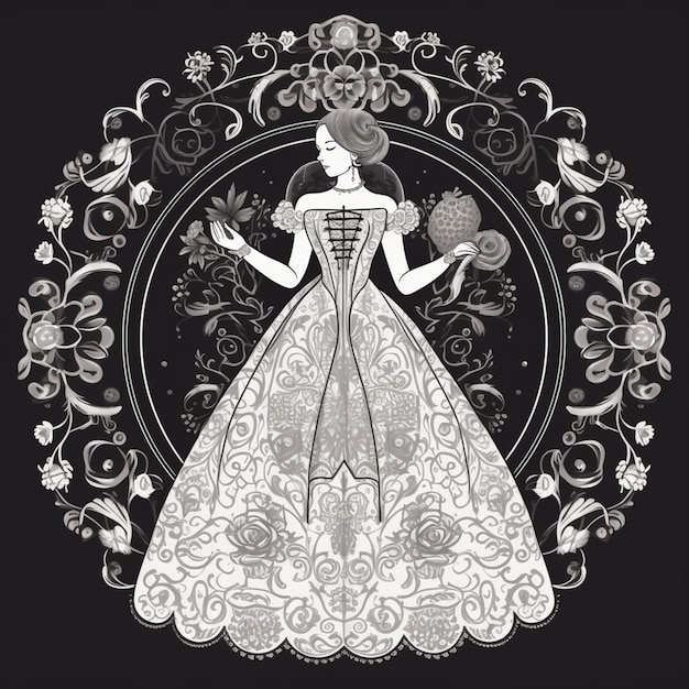 una donna con un vestito con un disegno floreale su uno sfondo nero generativo ai