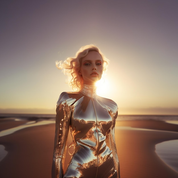 una donna con un vestito d'argento è in piedi sulla spiaggia con il sole che tramonta dietro di lei.