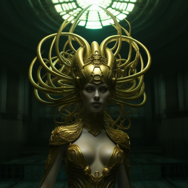 una donna con un vestito d'oro con una grande testa di capelli che ha una grande corona d'oro su di esso.