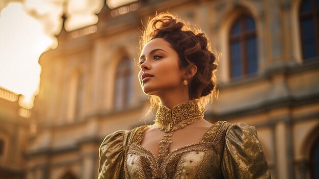 Una donna con un vestito d'oro si trova di fronte a un edificio con un edificio sullo sfondo.