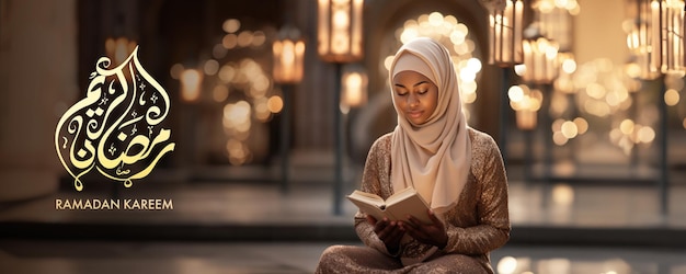 Una donna con un vestito dorato legge un libro in una moschea