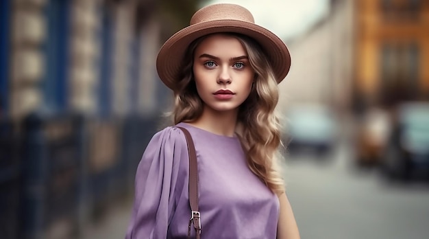 Una donna con un vestito e un cappello viola si trova in una strada.