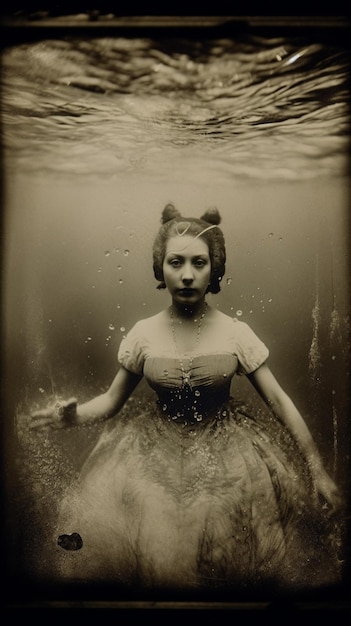 Una donna con un vestito galleggia nell'acqua.