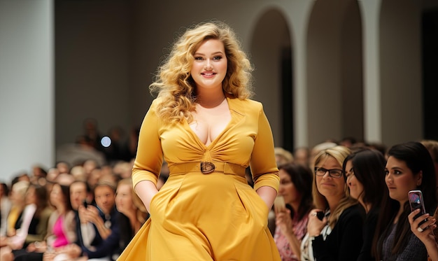 Una donna con un vestito giallo che cammina lungo una pista