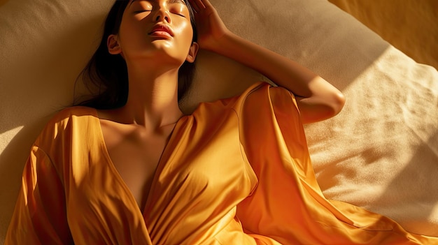 Una donna con un vestito giallo sdraiata su un letto Generativo Ai