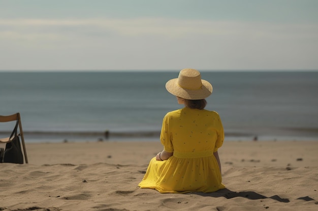 Una donna con un vestito giallo siede su una spiaggia e guarda il mare.