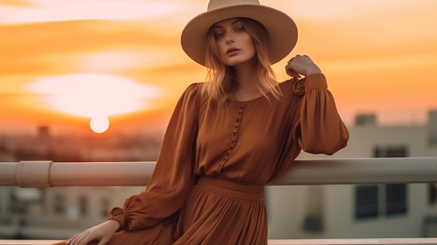Una donna con un vestito marrone e un cappello posa davanti a un tramonto.