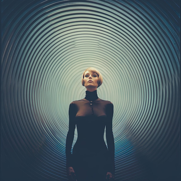 una donna con un vestito nero è in piedi di fronte a un cerchio con una donna al centro