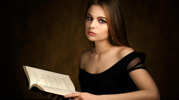 una donna con un vestito nero sta tenendo un libro