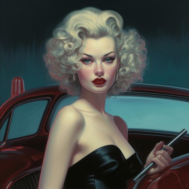 una donna con un vestito nero tiene un coltello e una macchina è dipinta sullo sfondo.