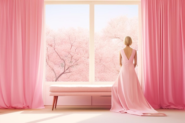 Una donna con un vestito rosa che guarda fuori da una finestra che irradia vibrazioni Barbiecore create con la tecnologia Generative AI
