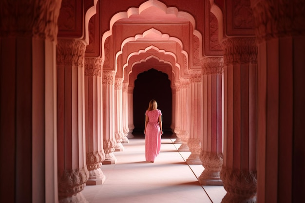 Una donna con un vestito rosa è in piedi nel corridoio di un tempio.