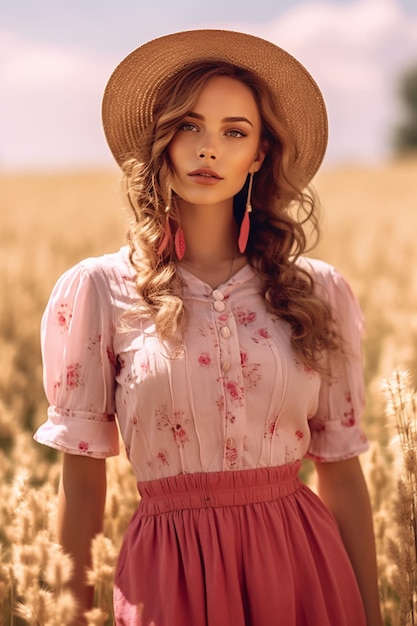 Una donna con un vestito rosa e un cappello si trova in un campo di grano.