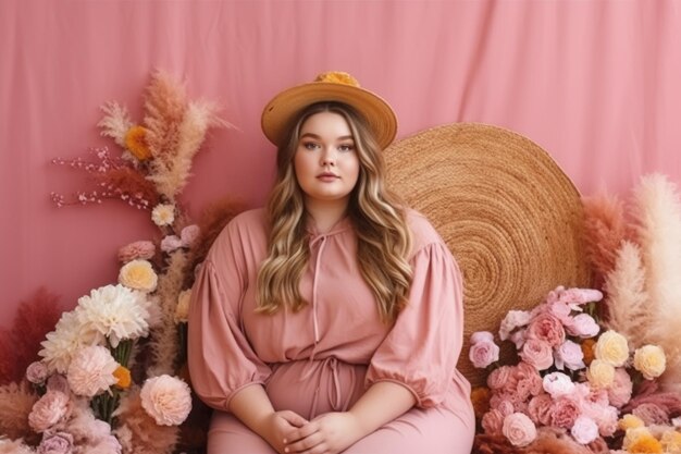 Una donna con un vestito rosa e un cappello siede davanti ai fiori.