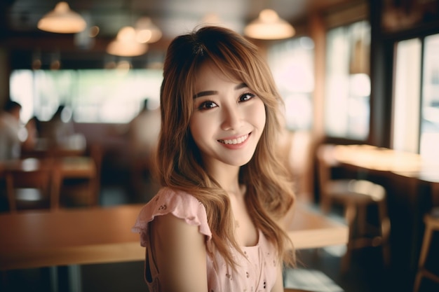 Una donna con un vestito rosa sorride alla telecamera.