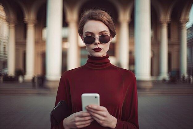 Una donna con un vestito rosso che tiene un cellulare