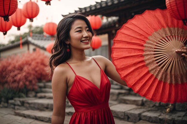 una donna con un vestito rosso che tiene un ventilatore rosso