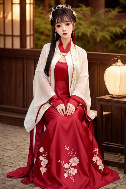 Una donna con un vestito rosso con sopra la parola hanfu