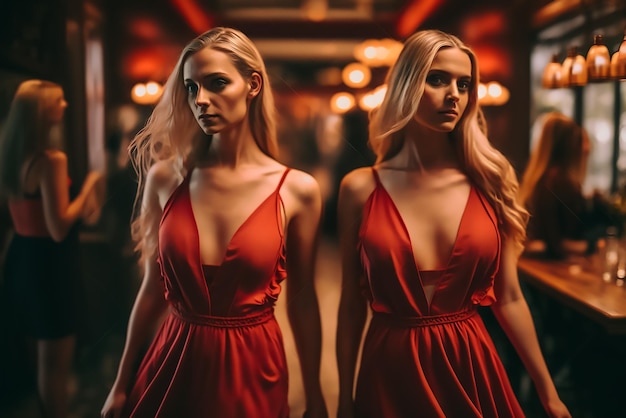 Una donna con un vestito rosso è in piedi davanti a uno specchio.