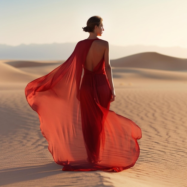 Una donna con un vestito rosso è in piedi nel deserto