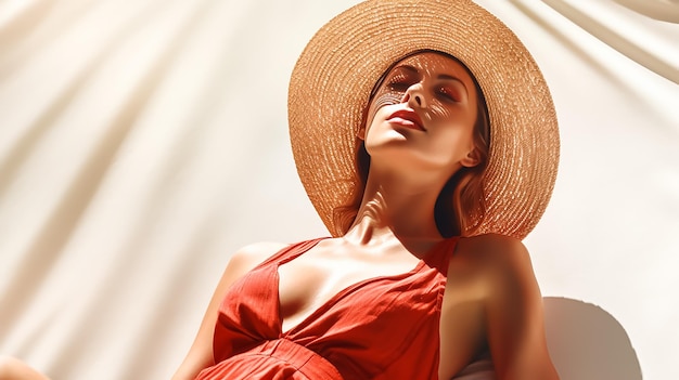Una donna con un vestito rosso e un cappello si sta rilassando al sole