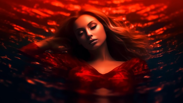 Una donna con un vestito rosso giace in acqua con gli occhi chiusi