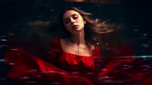 Una donna con un vestito rosso giace nell'acqua con la parola amore sul fondo.