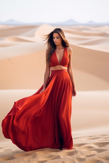 Una donna con un vestito rosso si trova nella sabbia nel deserto.