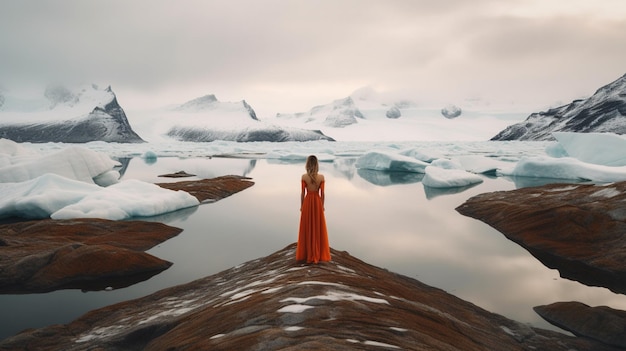 Una donna con un vestito rosso si trova su una roccia di fronte a un grande iceberg.