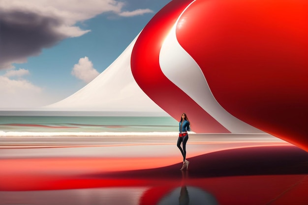 Una donna con un vestito rosso si trova su una spiaggia con un cielo blu sullo sfondo.