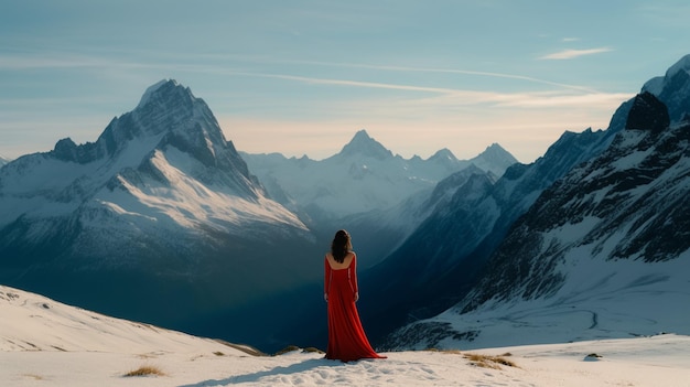 Una donna con un vestito rosso si trova sulla cima di una montagna innevata.