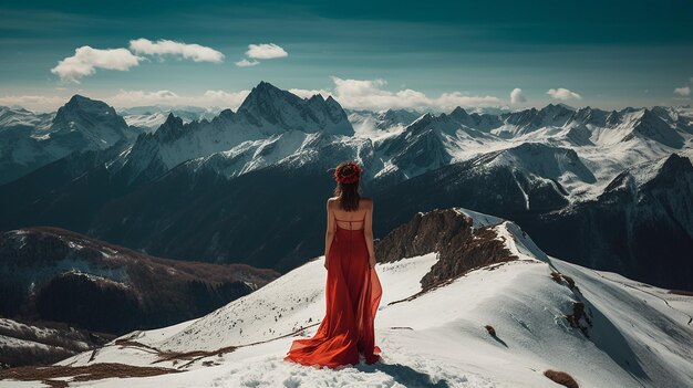 Una donna con un vestito rosso si trova sulla cima di una montagna innevata.