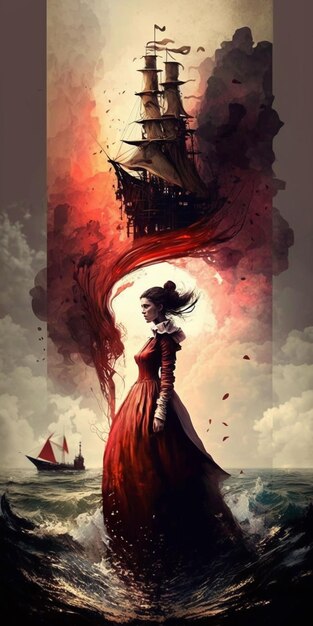 Una donna con un vestito rosso si trova sulla spiaggia con una nave sullo sfondo.