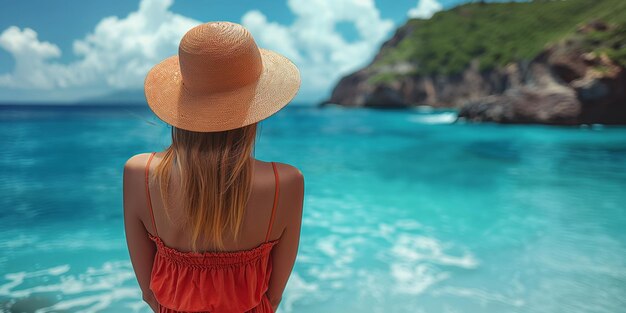 una donna con un vestito rosso sta guardando l'oceano