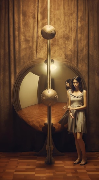 Una donna con un vestito si trova accanto a una lampada che dice "la ragazza è in piedi accanto a lei"
