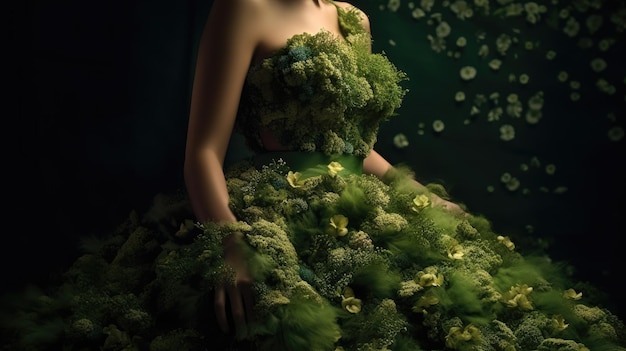 Una donna con un vestito verde con sopra dei fiori