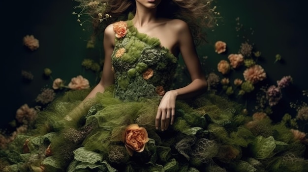 Una donna con un vestito verde con sopra dei fiori