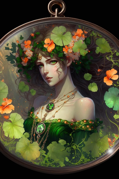Una donna con un vestito verde e dei fiori in testa