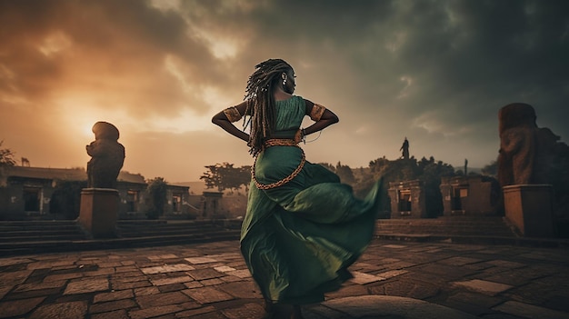 Una donna con un vestito verde si trova davanti a un tempio con il sole che tramonta dietro di lei.