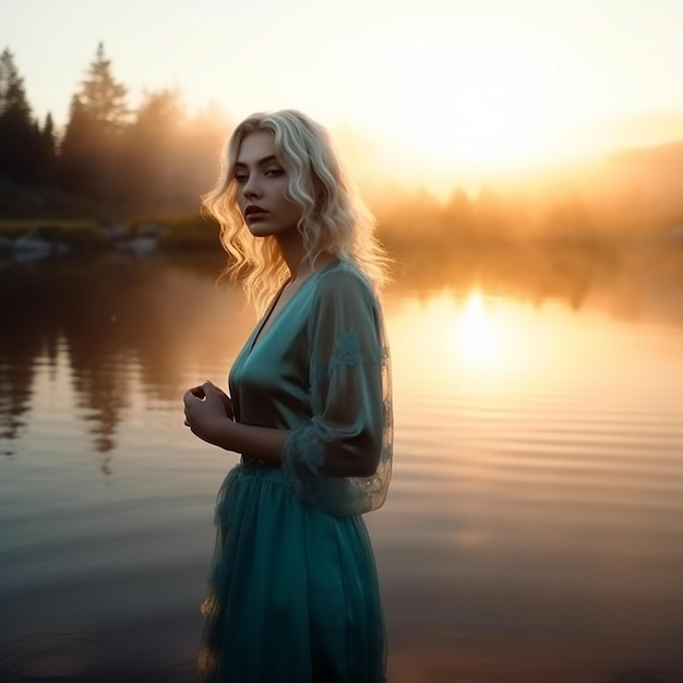 una donna con un vestito verde si trova nell'acqua di fronte a un lago con il sole alle spalle