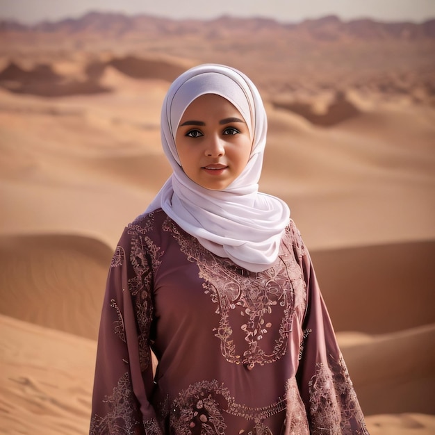Una donna con un vestito viola si trova nel deserto.
