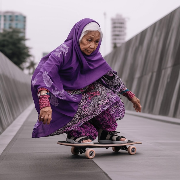 Una donna con un vestito viola sta cavalcando uno skateboard.