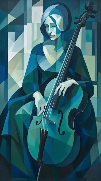 Una donna con un violoncello è mostrata in uno stile blu e verde.