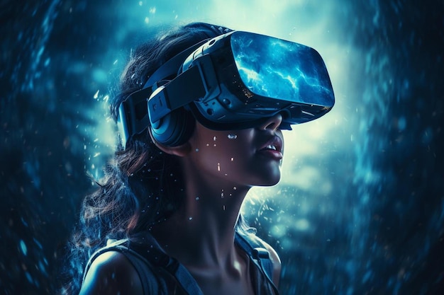 Una donna con un visore per la realtà virtuale tra le mani.