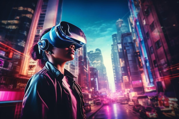 una donna con un visore per realtà virtuale con la città sullo sfondo.