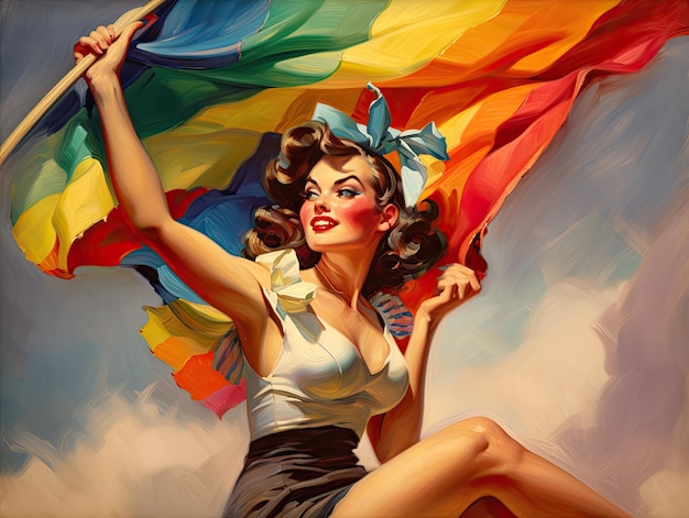 Una donna con una bandiera arcobaleno in mano