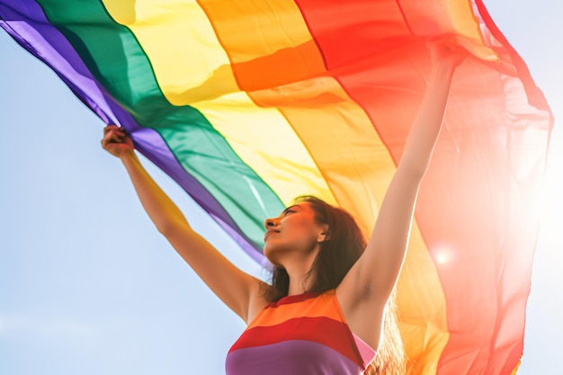 Una donna con una bandiera arcobaleno nel cielo