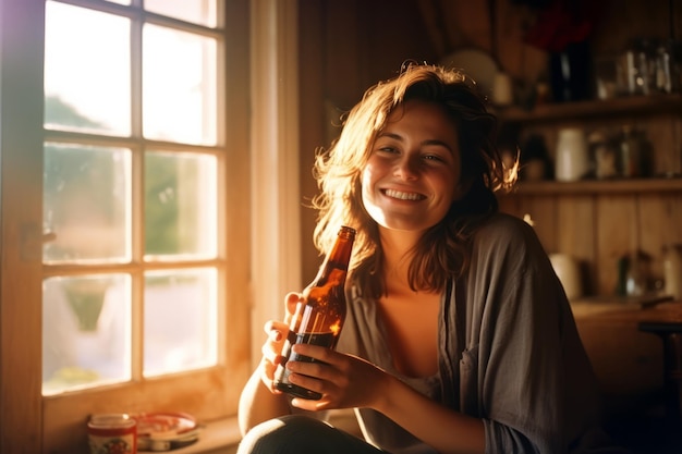 Una donna con una bottiglia di birra davanti a una finestra.