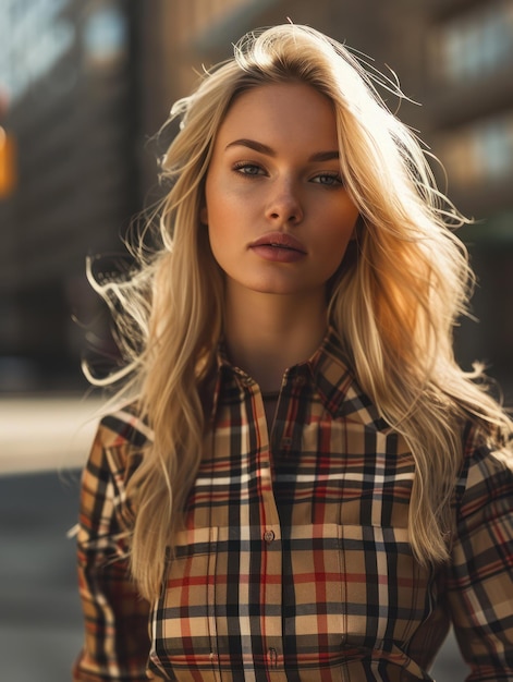 una donna con una camicia a quadri